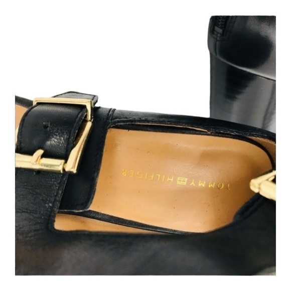 TOMMY HILFIGER Black and Gold Wide T-Strap Buckle Up Leather Shoes size 7.5 - Picture 10 of 13